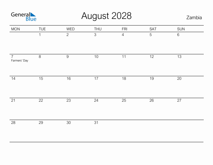 Printable August 2028 Calendar for Zambia
