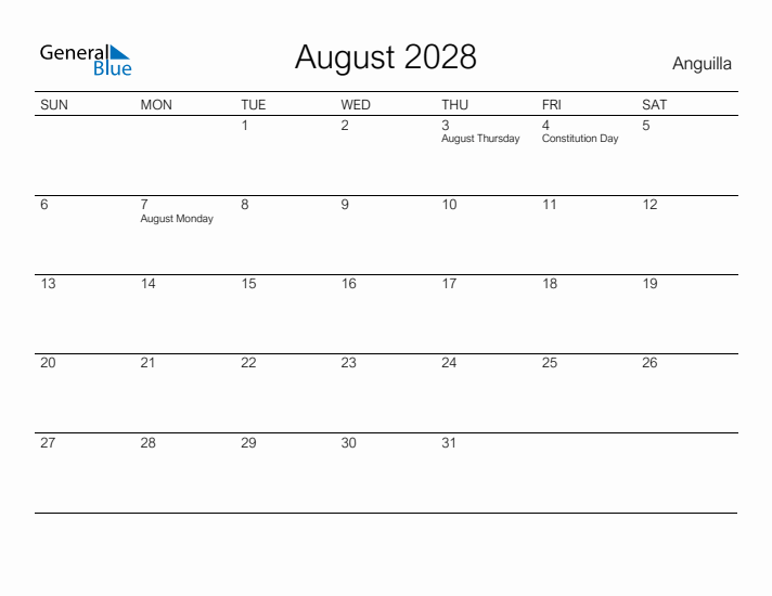 Printable August 2028 Calendar for Anguilla