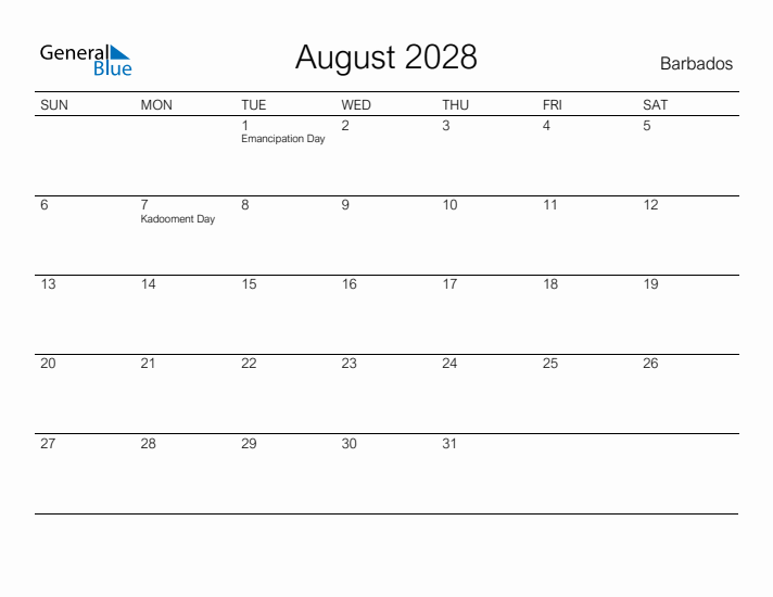 Printable August 2028 Calendar for Barbados