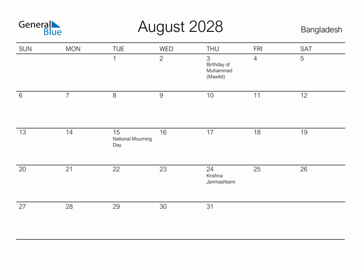 Printable August 2028 Calendar for Bangladesh