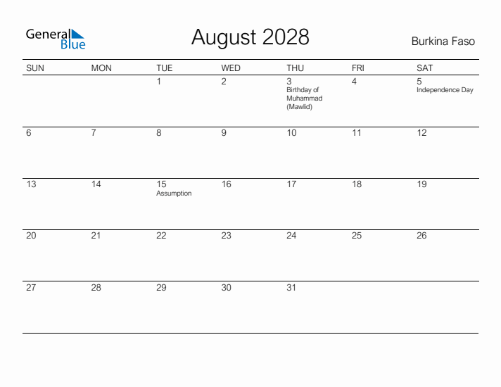 Printable August 2028 Calendar for Burkina Faso