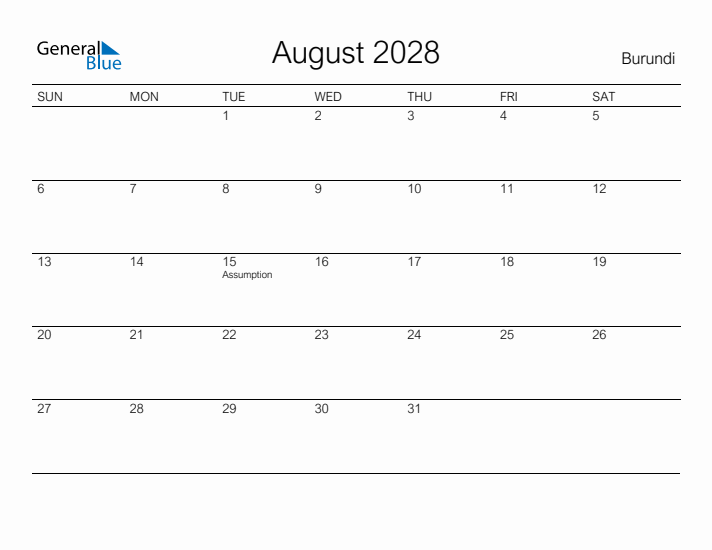 Printable August 2028 Calendar for Burundi