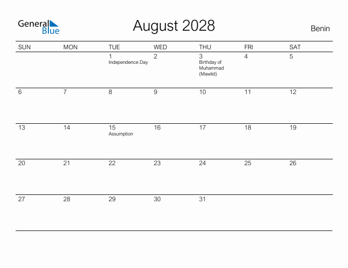 Printable August 2028 Calendar for Benin