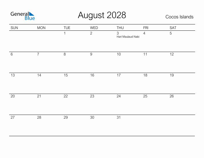 Printable August 2028 Calendar for Cocos Islands
