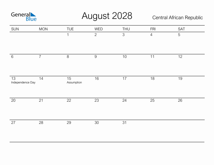 Printable August 2028 Calendar for Central African Republic