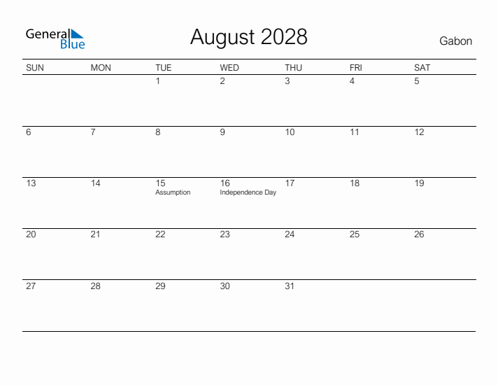 Printable August 2028 Calendar for Gabon