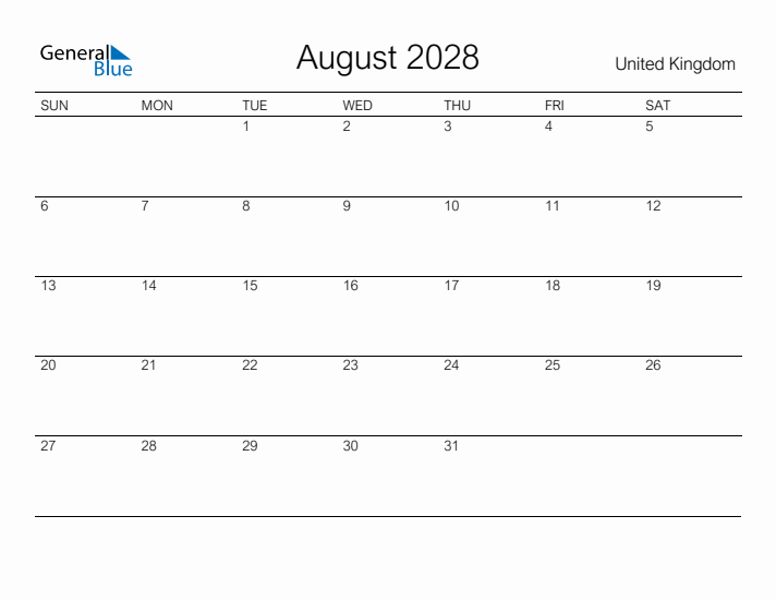 Printable August 2028 Calendar for United Kingdom
