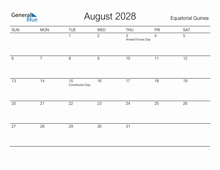 Printable August 2028 Calendar for Equatorial Guinea
