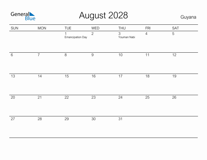 Printable August 2028 Calendar for Guyana