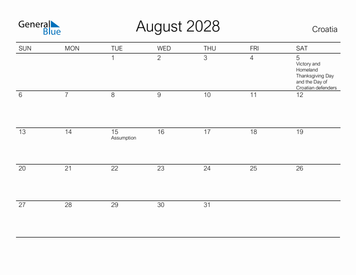 Printable August 2028 Calendar for Croatia