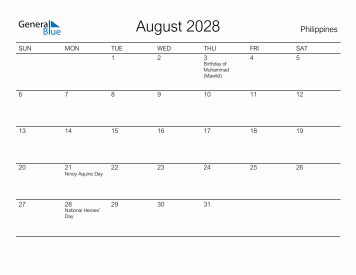 Printable August 2028 Calendar for Philippines