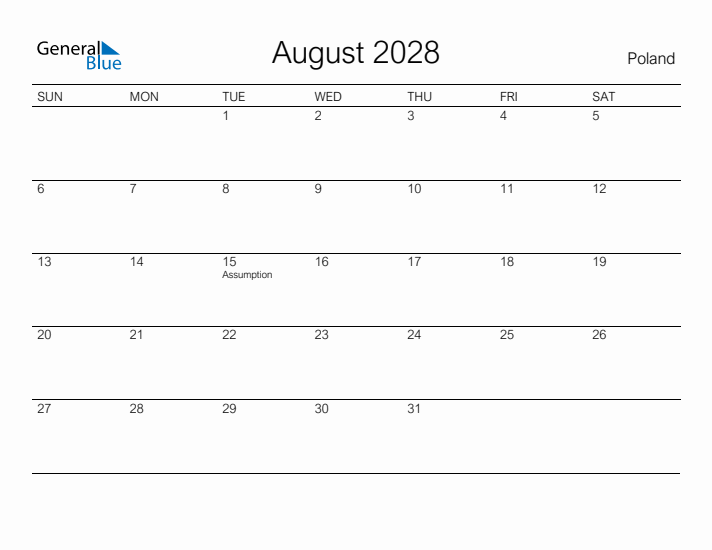 Printable August 2028 Calendar for Poland
