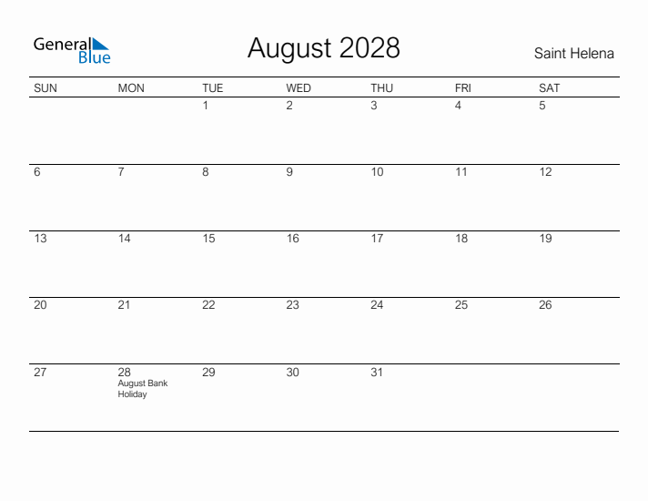 Printable August 2028 Calendar for Saint Helena