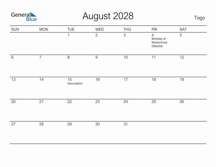 Printable August 2028 Calendar for Togo