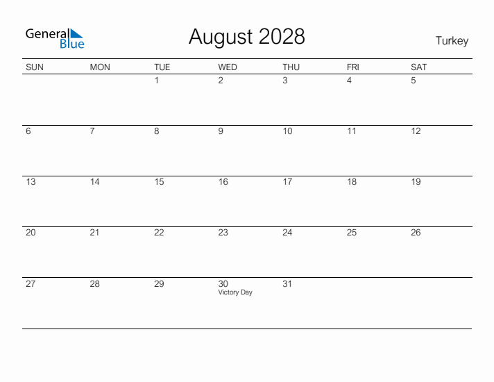 Printable August 2028 Calendar for Turkey