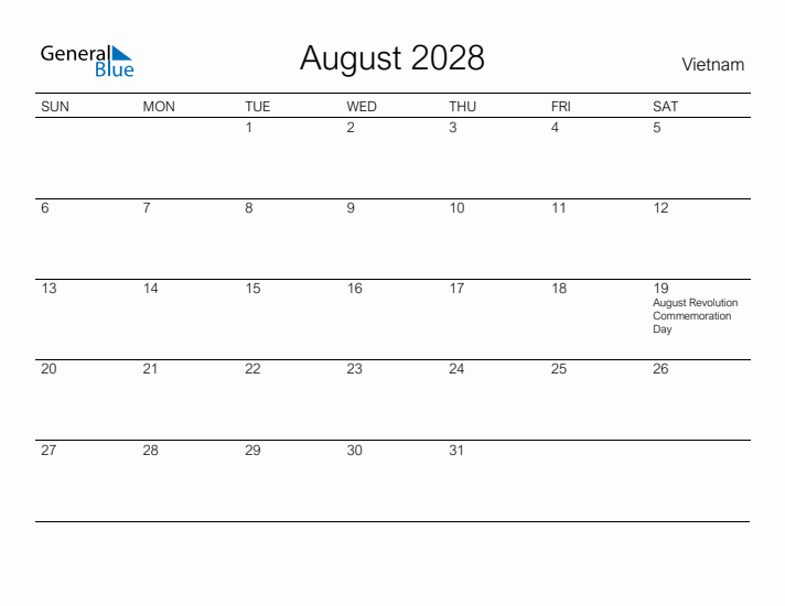 Printable August 2028 Calendar for Vietnam