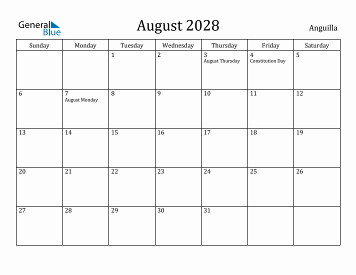 August 2028 Calendar Anguilla