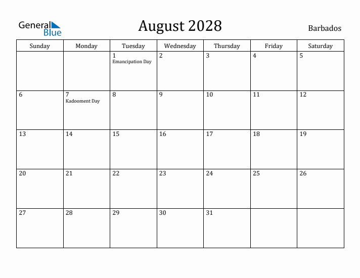 August 2028 Calendar Barbados