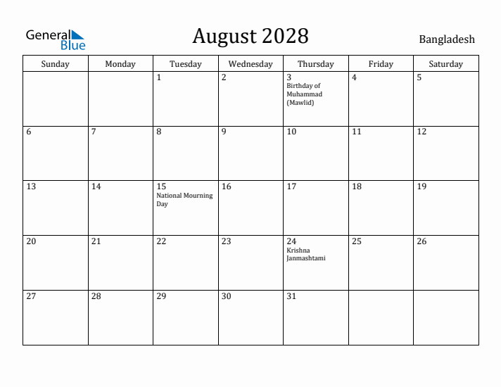 August 2028 Calendar Bangladesh