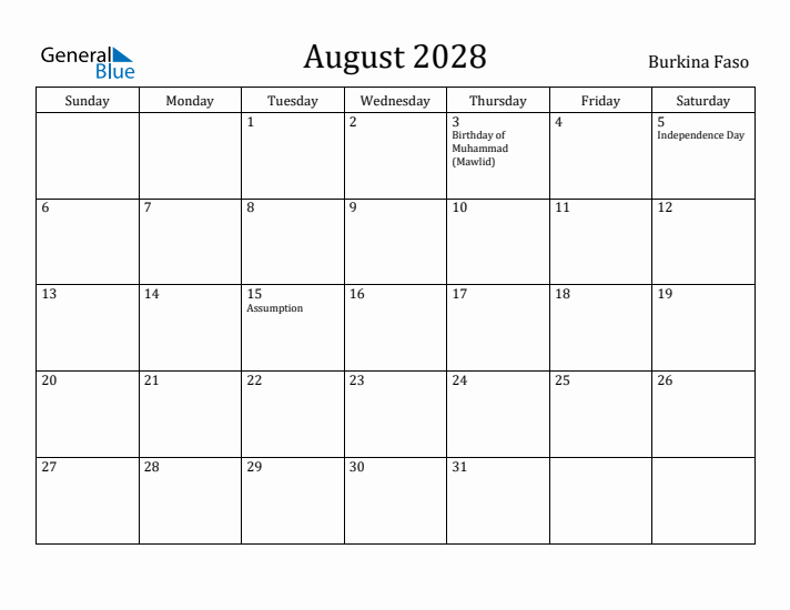August 2028 Calendar Burkina Faso