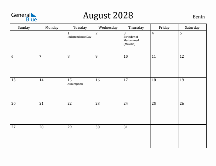 August 2028 Calendar Benin