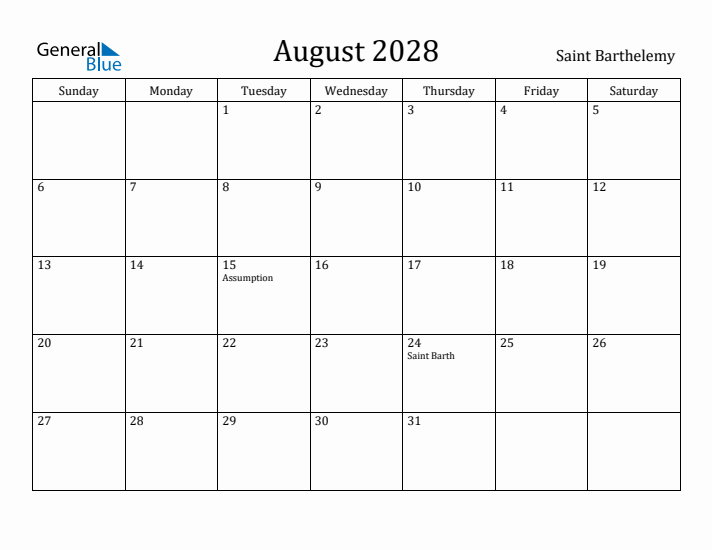 August 2028 Calendar Saint Barthelemy