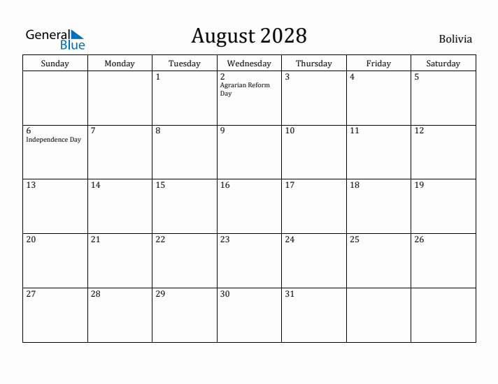 August 2028 Calendar Bolivia