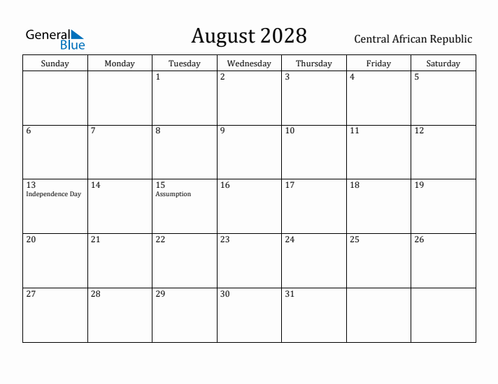 August 2028 Calendar Central African Republic