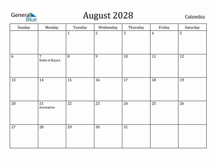 August 2028 Calendar Colombia