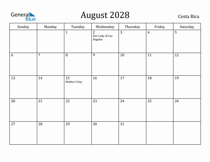 August 2028 Calendar Costa Rica