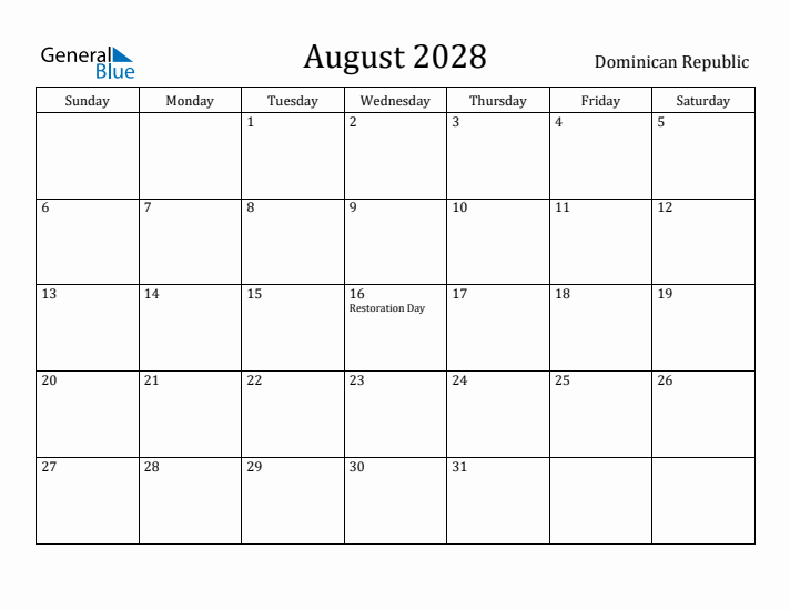 August 2028 Calendar Dominican Republic