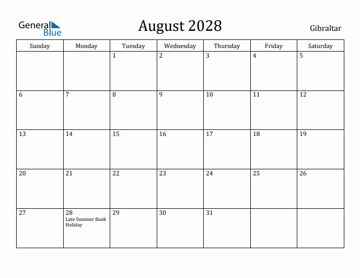 August 2028 Calendar Gibraltar