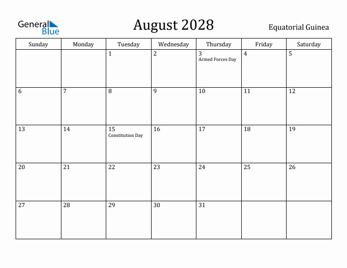 August 2028 Calendar Equatorial Guinea