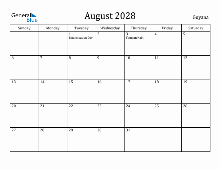 August 2028 Calendar Guyana