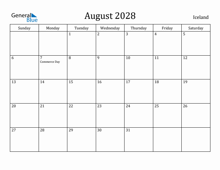 August 2028 Calendar Iceland