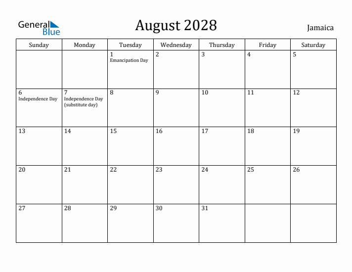August 2028 Calendar Jamaica