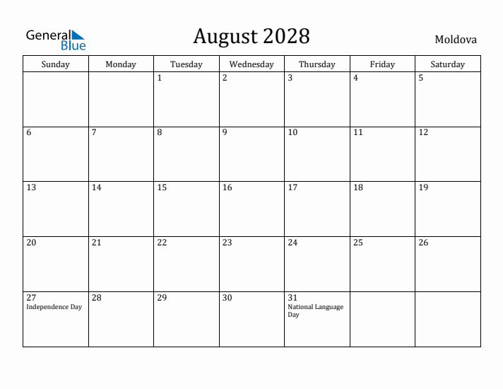 August 2028 Calendar Moldova