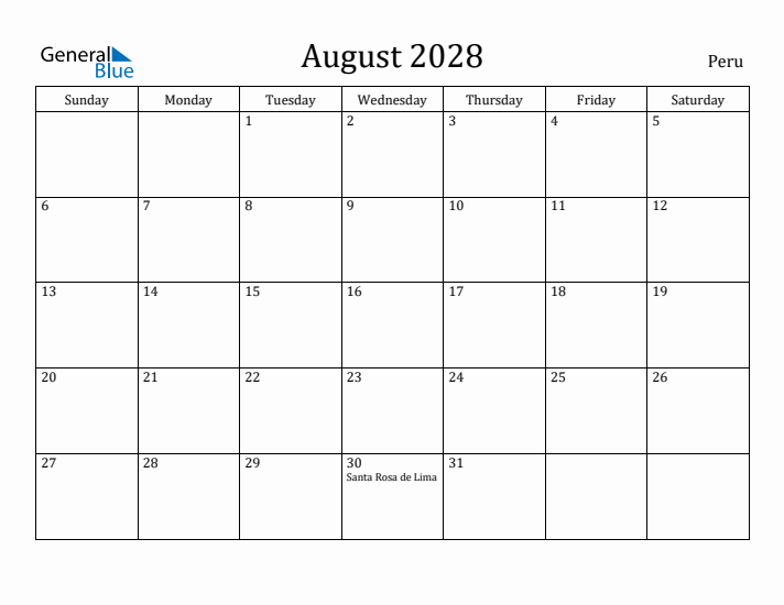 August 2028 Calendar Peru