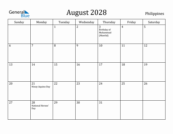 August 2028 Calendar Philippines