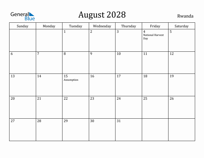 August 2028 Calendar Rwanda