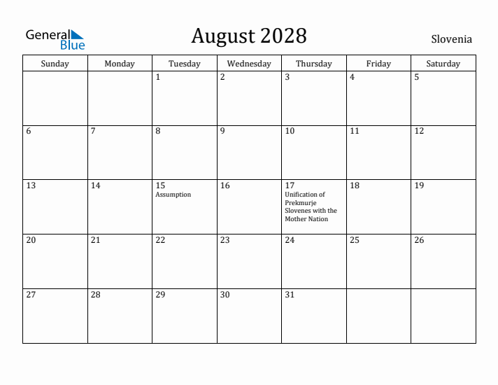 August 2028 Calendar Slovenia
