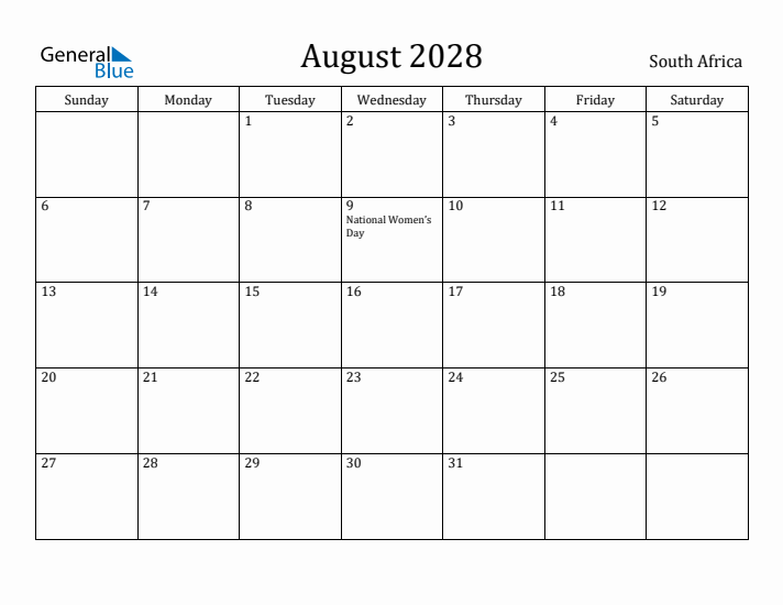 August 2028 Calendar South Africa