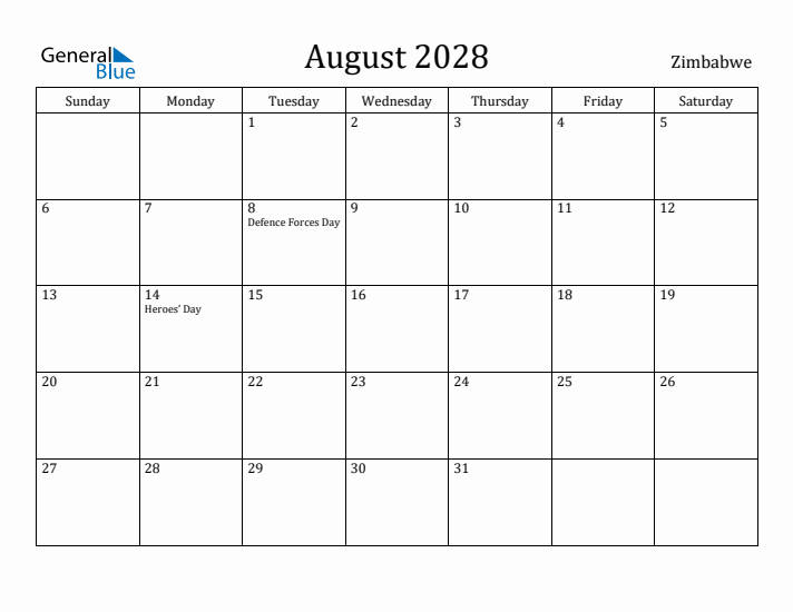 August 2028 Calendar Zimbabwe