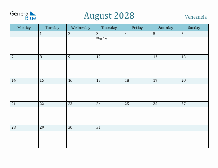 August 2028 Calendar with Holidays