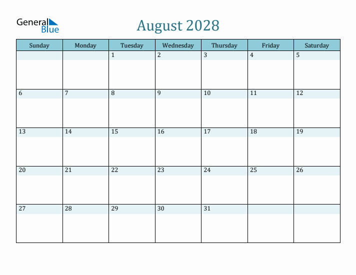 August 2028 Printable Calendar