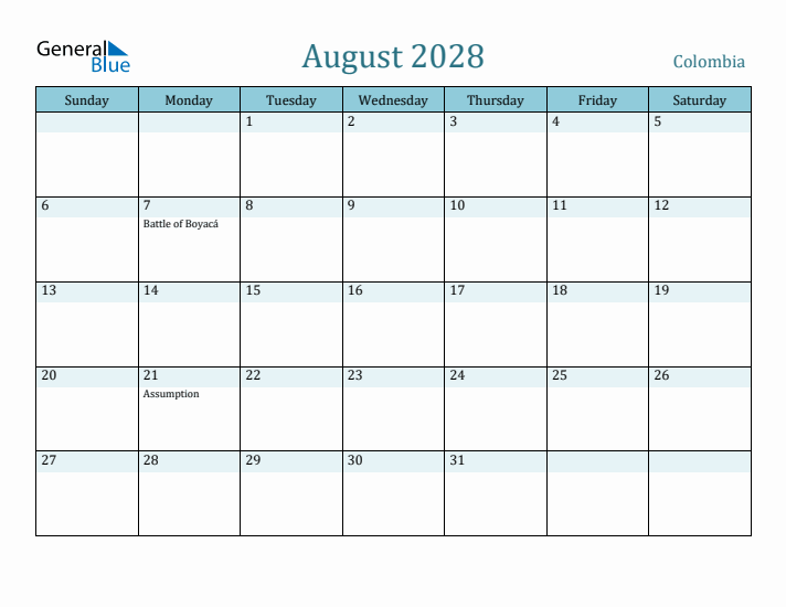 August 2028 Calendar with Holidays