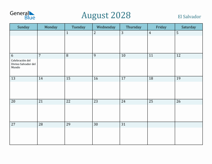 August 2028 Calendar with Holidays