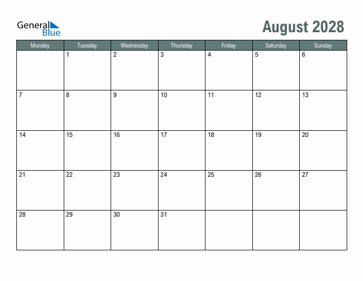 Free Printable August 2028 Calendar