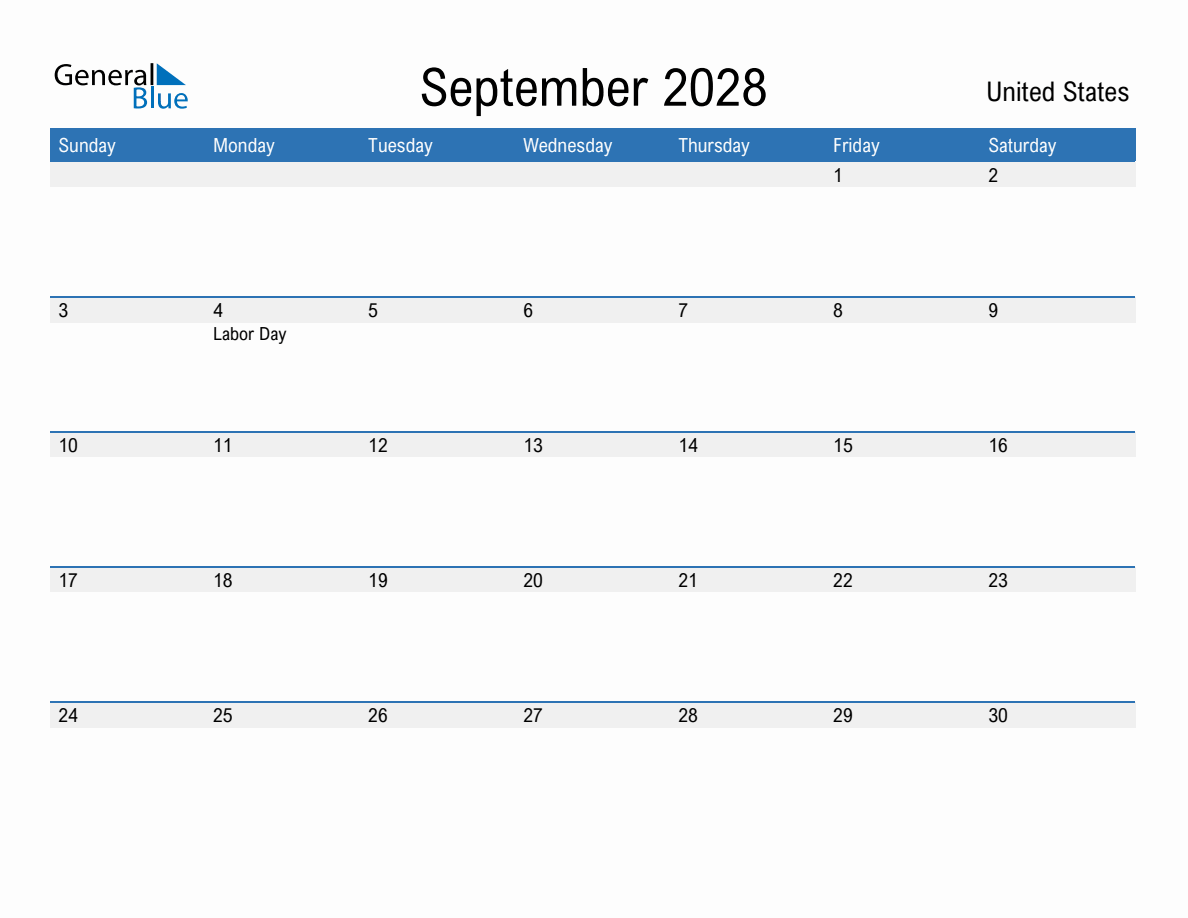 September 2028 Monthly Calendar with United States Holidays