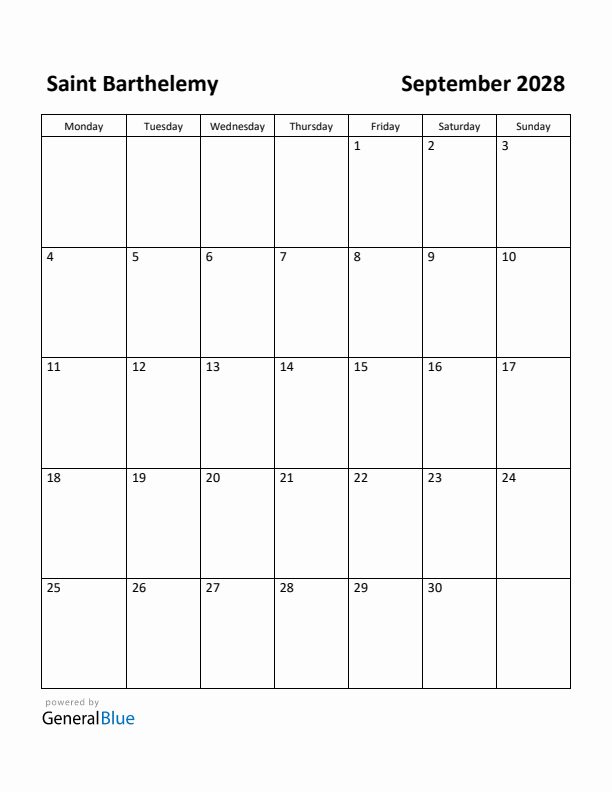 September 2028 Calendar with Saint Barthelemy Holidays